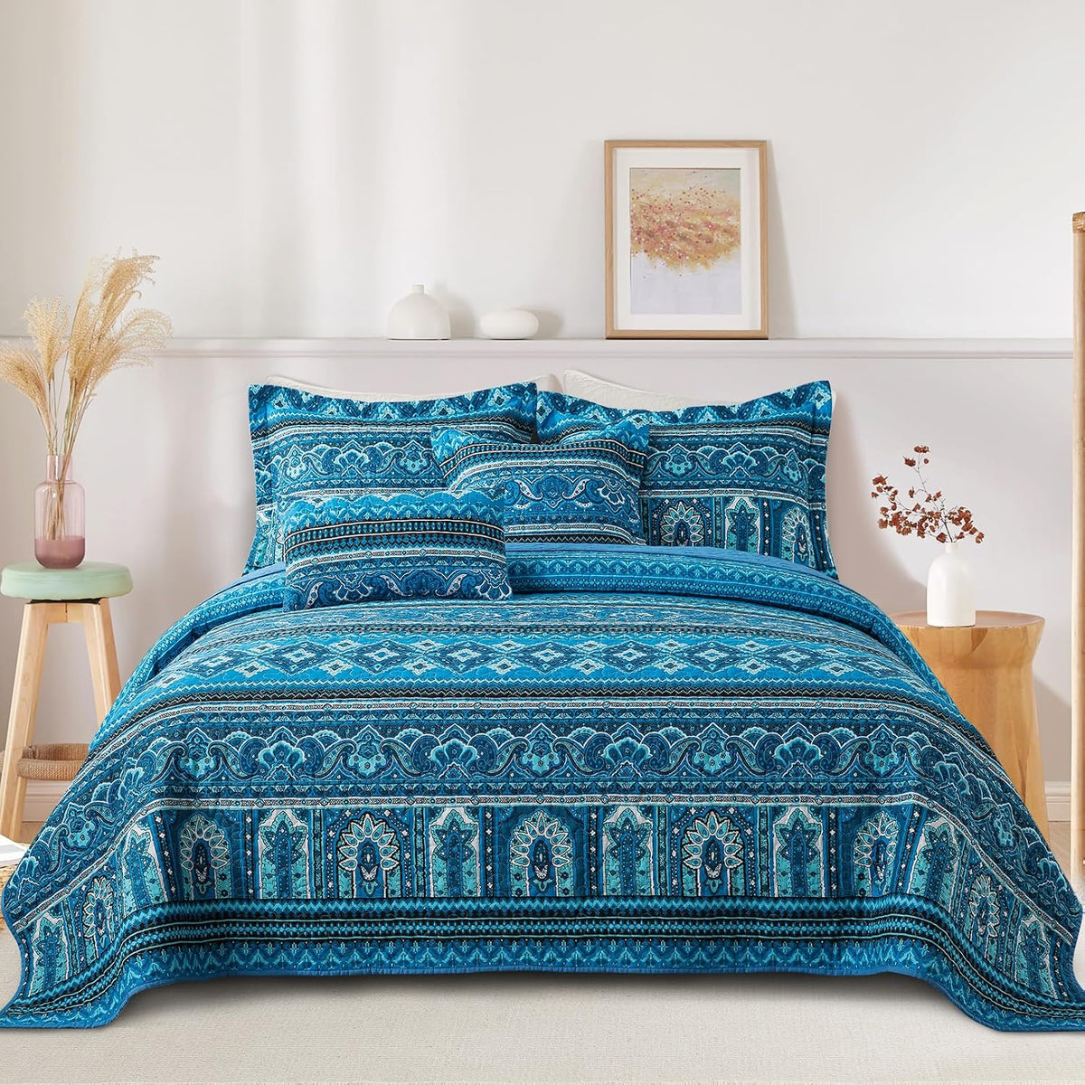 TWINRUN Cotton Quilts California King Size Set, 3 Pieces California King Quilt Bedding Set (108 x 118 Inch), Lightweight Boho Oversized King Size Bedspread, Blue Stripes Cotton Quilts for All Seasons