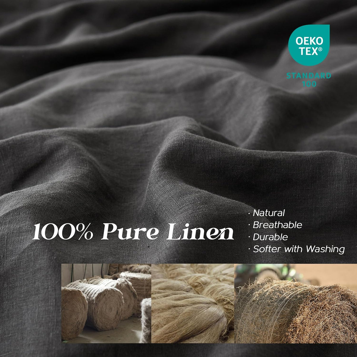 Simple&Opulence 100% Linen Duvet Cover Set, Natural French Flax Dark Grey Duvet Cover Twin Size, Breathable Soft Comfy Linen Bedding Comforter Cover with 1 Pillowcase(Dark Grey, 68'x86')