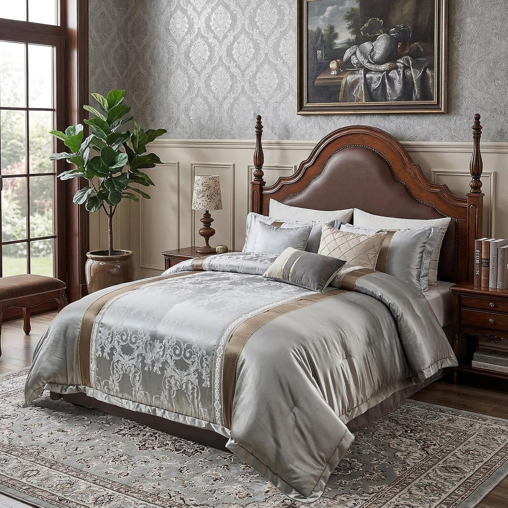PANGUSHAN 7 Pieces Comforter Set King Size, Luxury Silky Elegant Jacquard Fluffy Reversible Bedding Set with Bed Skirt, Shams and Pillows, Bed in a Bag King, Down Alternative, Silver Gray
