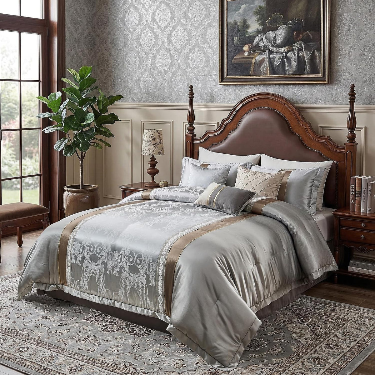 PANGUSHAN 7 Pieces Comforter Set King Size, Luxury Silky Elegant Jacquard Fluffy Reversible Bedding Set with Bed Skirt, Shams and Pillows, Bed in a Bag King, Down Alternative, Silver Gray