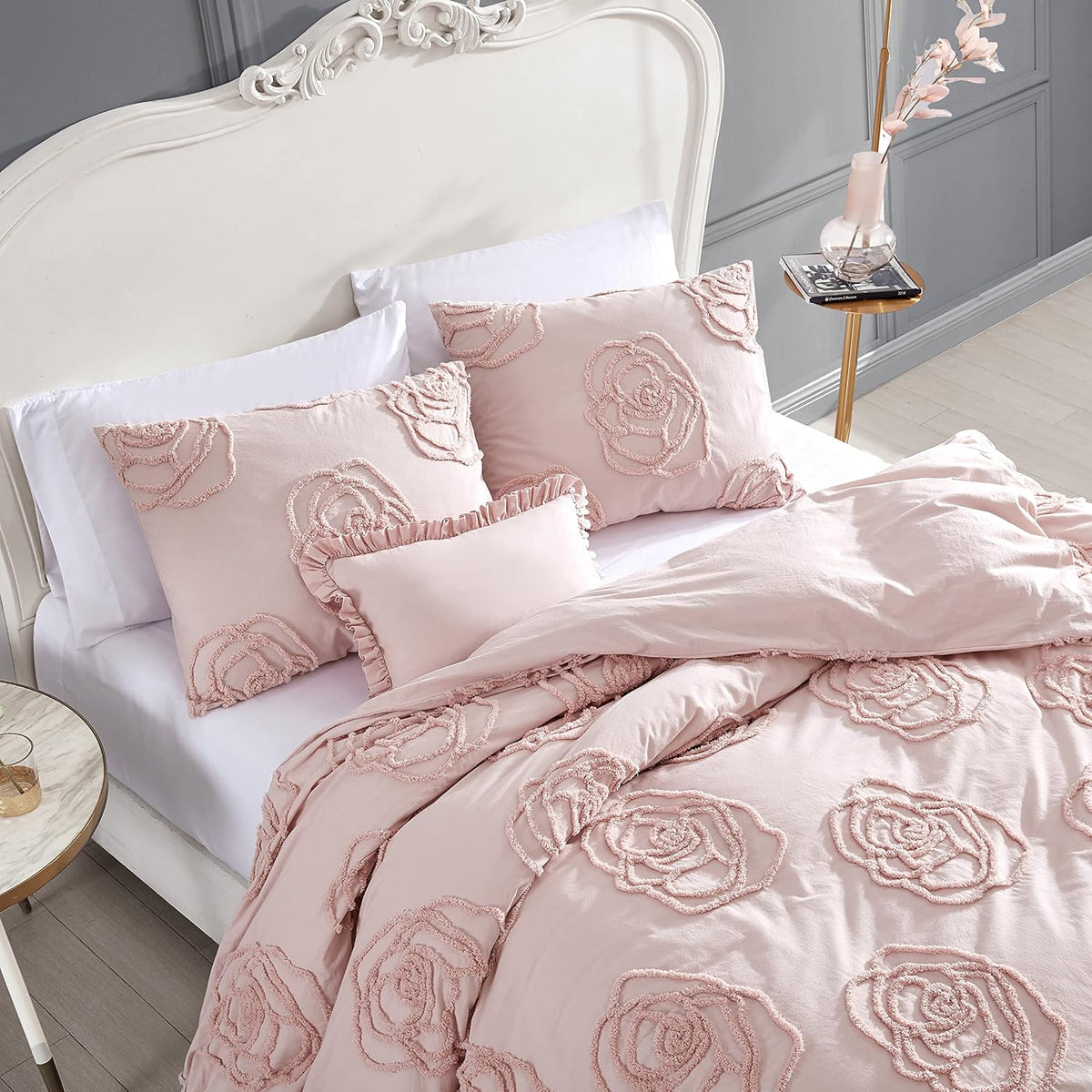 Betsey Johnson - Queen Duvet Cover Set, Reversible Cotton Bedding with Matching Shams & Bonus Throw Pillow, Chic Bedding Set (Rambling Roses Pink, Queen)