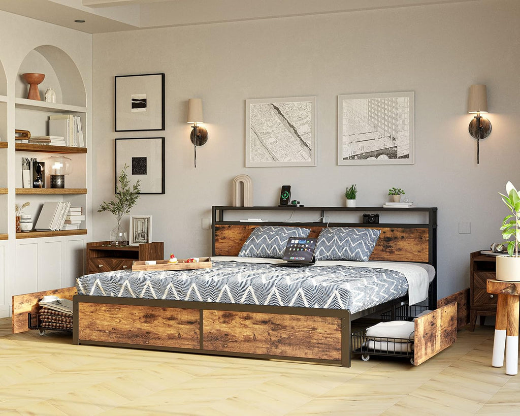 LIKIMIO King Size Bed Frame with 4 Storage Drawers, 2-Tier Storage Headboard with Charging Station, Double Bed Frame King Size for Bedroom, No Box Spring Needed, Easy Assembly, Vintage Brown