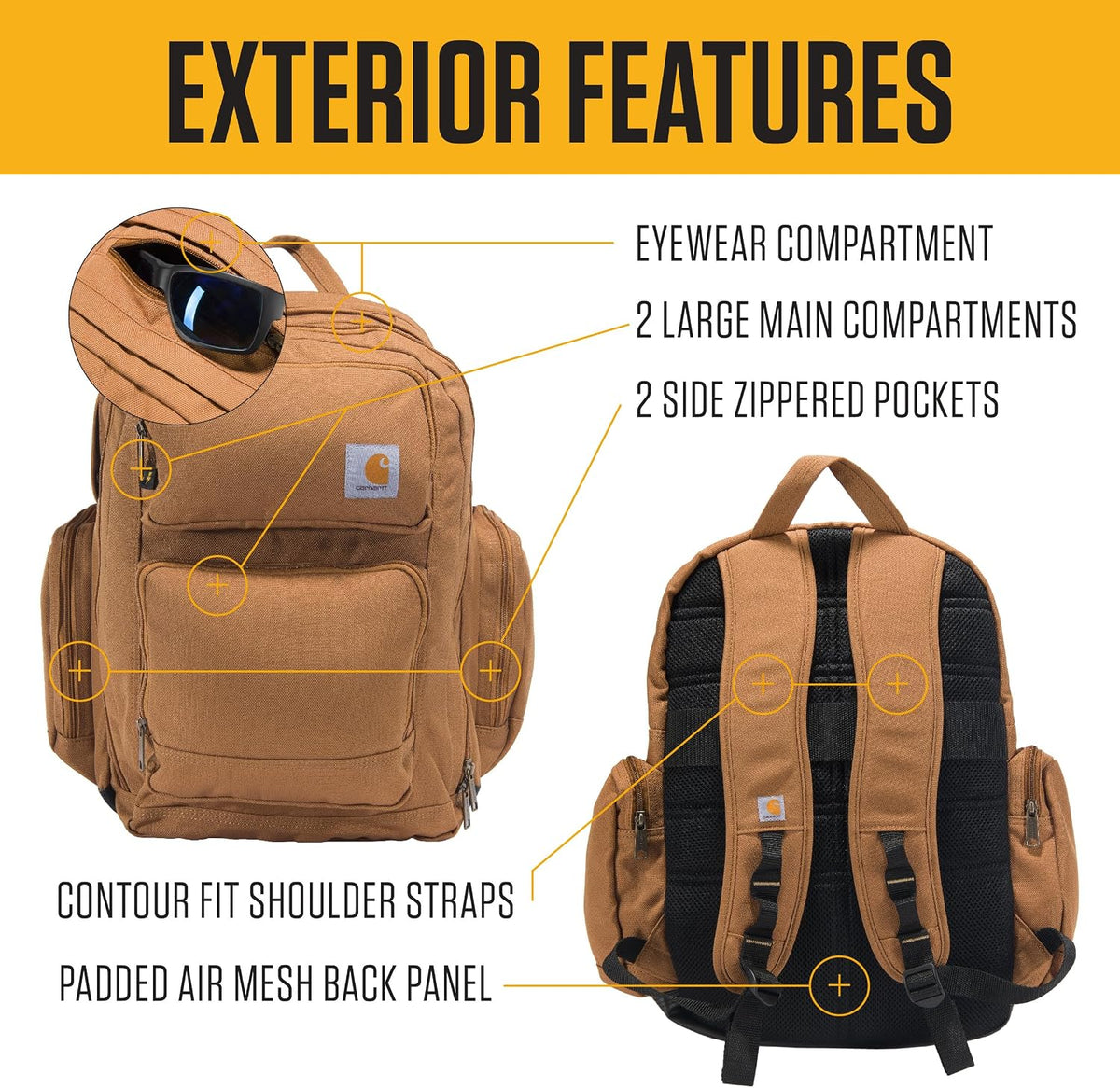 Carhartt 35L Triple-Compartment Backpack, Durable Pack with Laptop Sleeve and Duravax Abrasion Resistant Base, Carhartt Brown