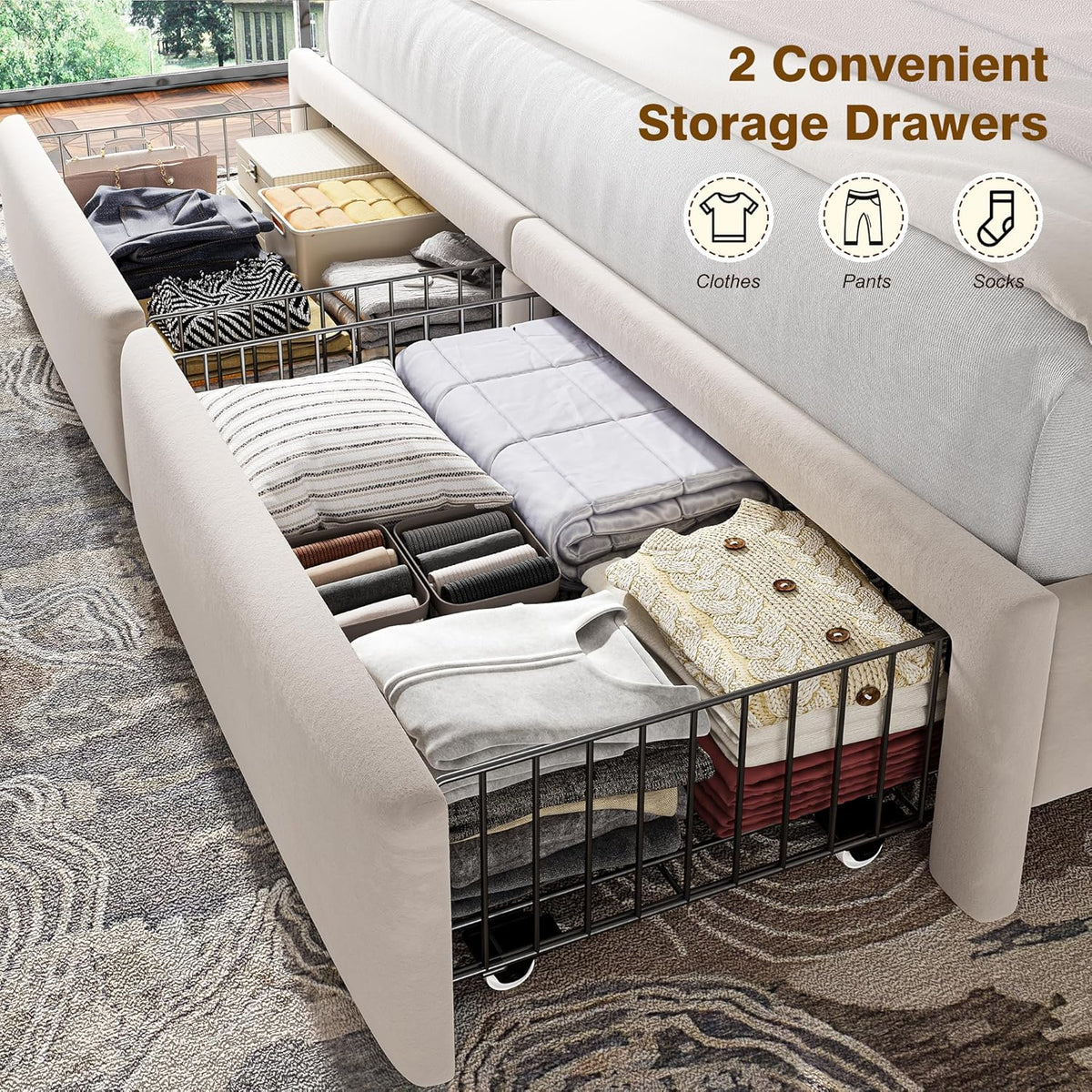 Homkdom Queen Bed Frame with 2 Drawers and 51.3''Tall Headboard, Velvet Platform Storage Bedframe with 3 Charging Ports and Wooden Slats Support, No Box Spring Needed, Beige