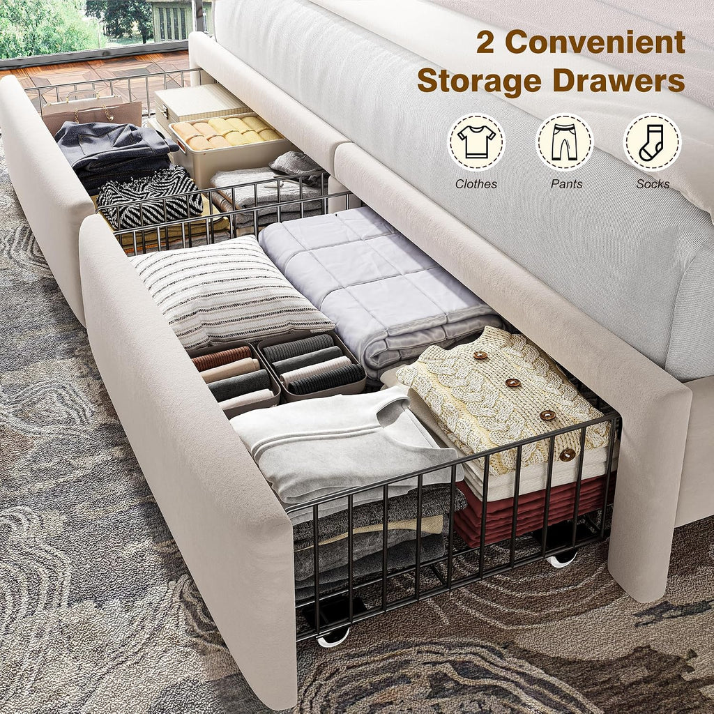 Homkdom King Size Bed Frame with Velvet Storage Headboard, 2 Large Drawers & 3 Charging Ports, 51.3' Tall King Bed Frame Featuring Sturdy Wood Slats and No Box Spring Needed, No Assembly Stress,Beige