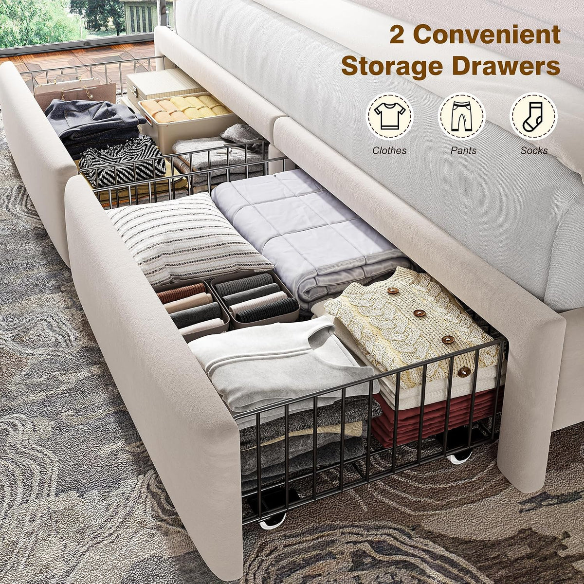 Homkdom King Size Bed Frame with Velvet Storage Headboard, 2 Large Drawers & 3 Charging Ports, 51.3' Tall King Bed Frame Featuring Sturdy Wood Slats and No Box Spring Needed, No Assembly Stress,Beige