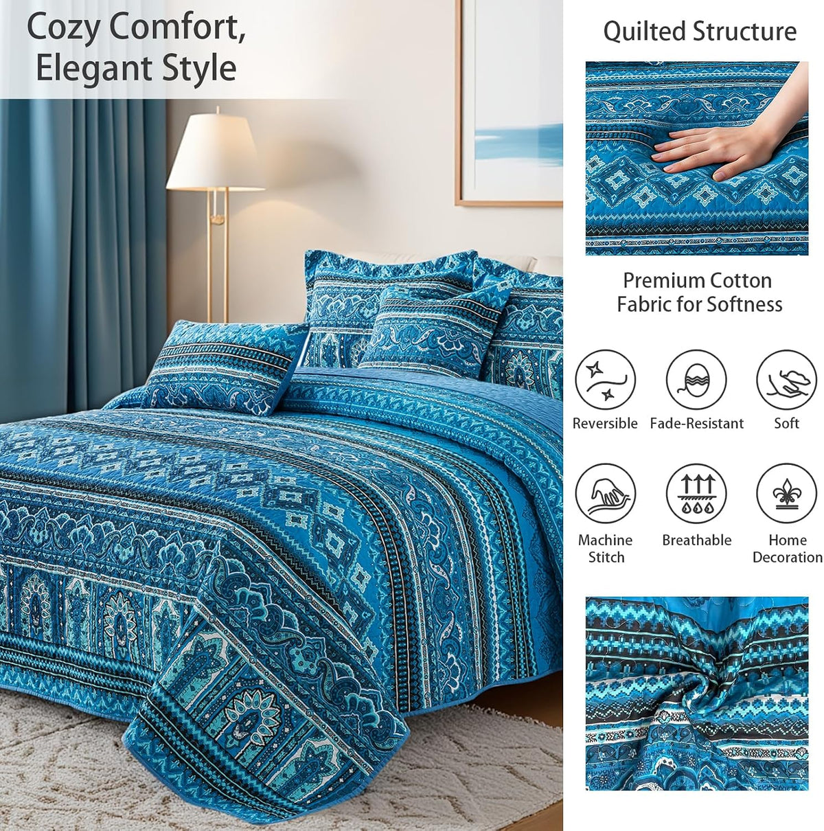 TWINRUN Cotton Quilts California King Size Set, 3 Pieces California King Quilt Bedding Set (108 x 118 Inch), Lightweight Boho Oversized King Size Bedspread, Blue Stripes Cotton Quilts for All Seasons