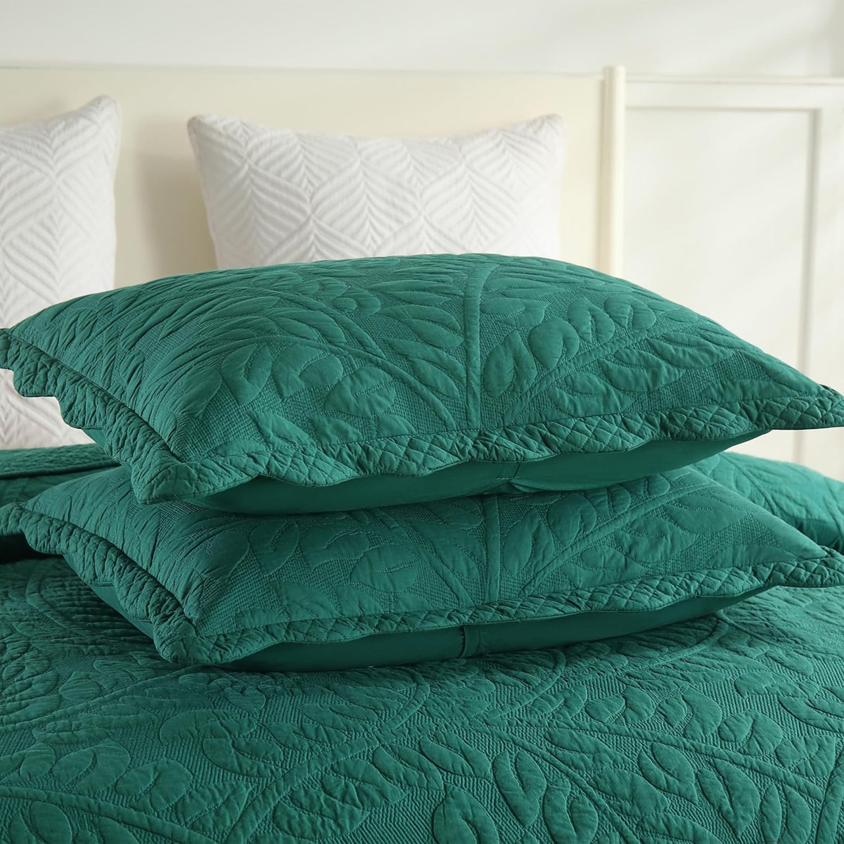 MarCielo 3-Piece 100% Cotton Oversized Bedspread Lightweight Quilt Coverlet Embroidery Farmhouse Bedding Set T0 (Emerald, Oversized Queen (100'x106'))