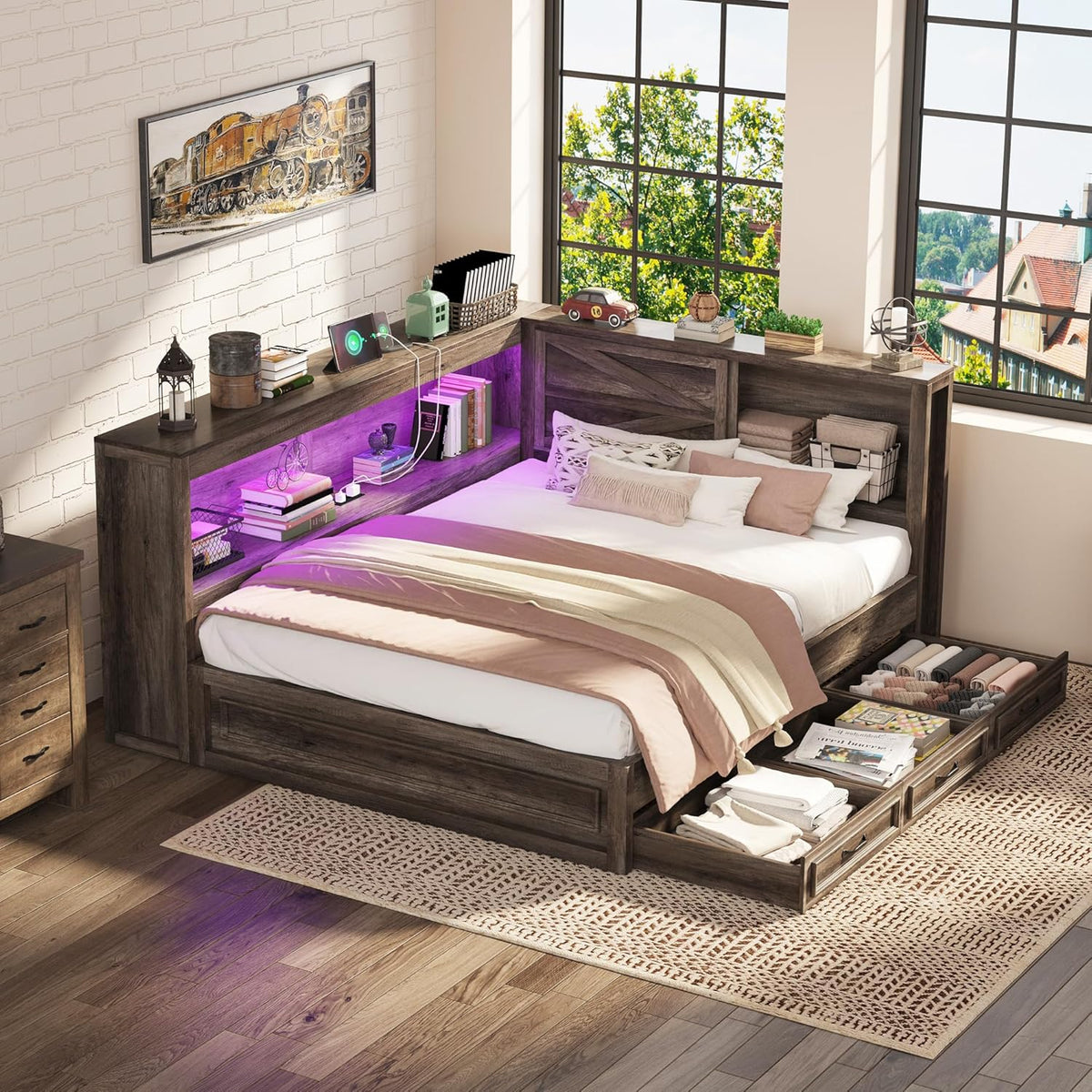 Jocisland Twin Corner Bed Frame with Storage Drawers and Bookcase Headboard, Charging Station and Led Lights, Farmhouse Wood Daybed for Kids Teens, No Box Spring Needed, Grey