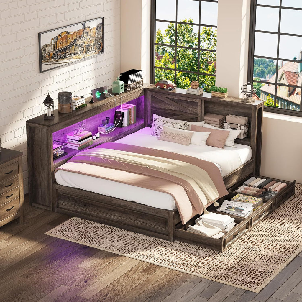 Jocisland Full Corner Bed Frame with Storage Drawers and Bookcase Headboard, Charging Station and Led Lights, Farmhouse Wood Daybed for Kids Teens, No Box Spring Needed, Grey