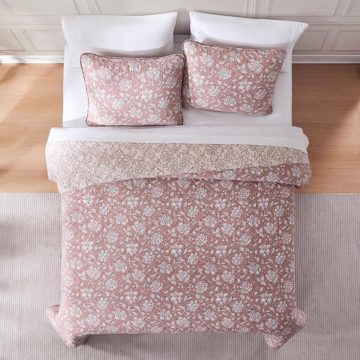 Lush Decor Zara Floral Block Reversible Cotton Quilt 3 Piece Set King/Cal King Terracotta - Floral Bedding Set - Block Print Quilt - Vintage Coquette Decor