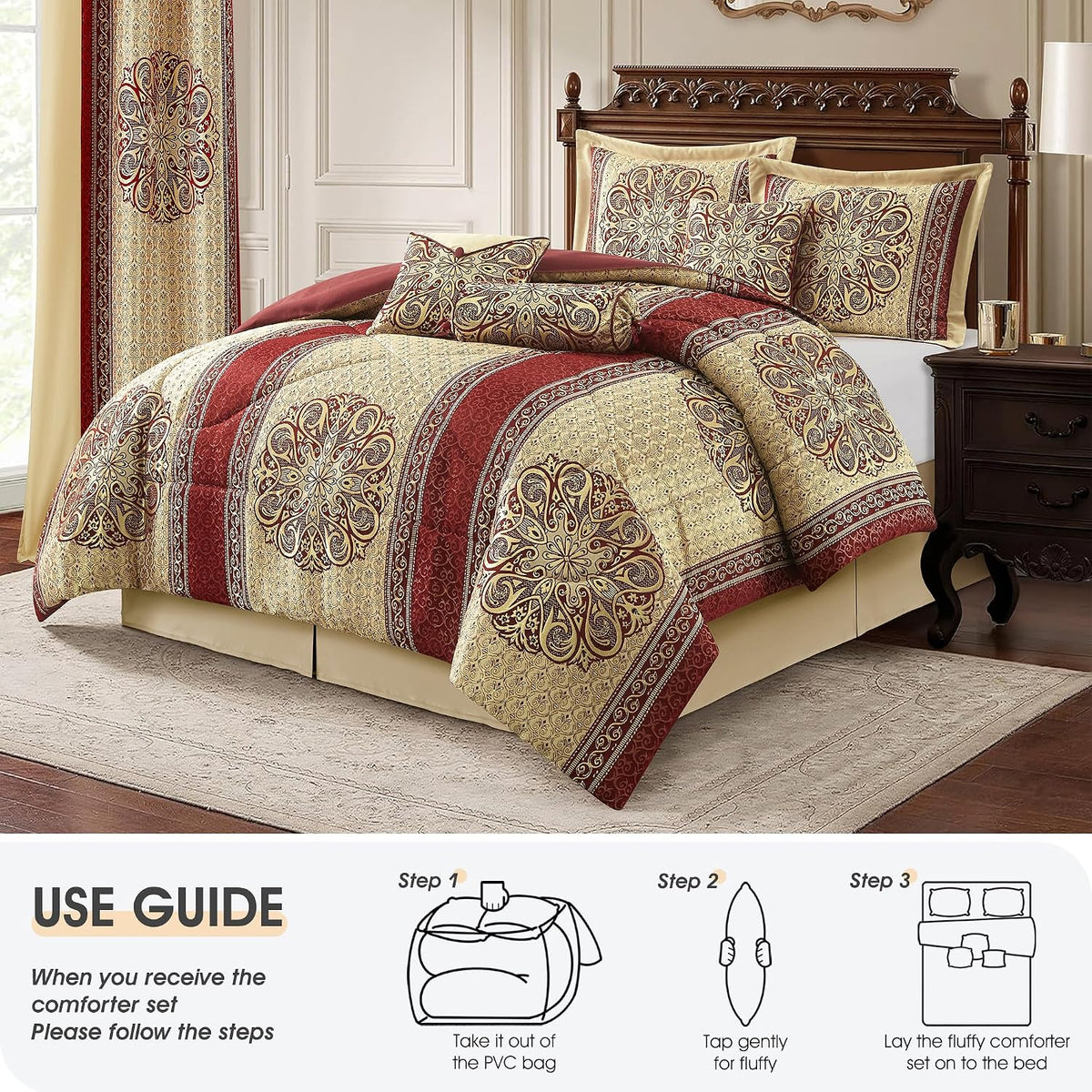 LANCO MODERN LIFESTYLE King Comforter Set, Wine Gold Medallion Jacquard Design, Luxurious Bohemian 9 Pieces Bedding Set with Curtains, Decorative Pillows and Bed Skirt
