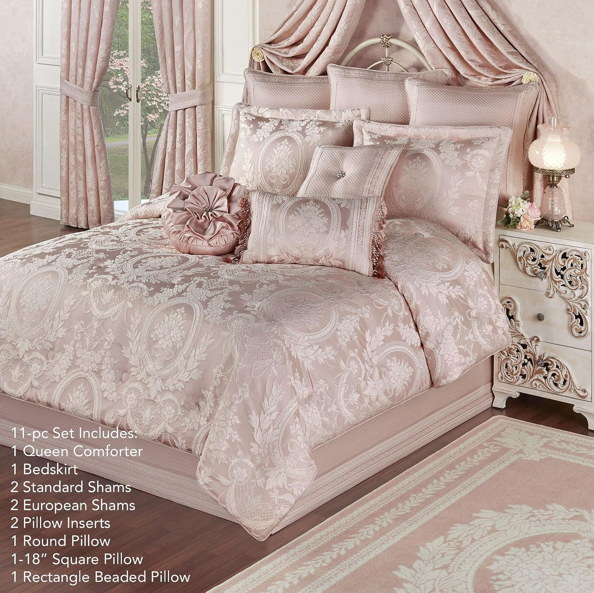 Marquessa Luxury Bedding | Soft Pearl and Pastel Blush Pink | Puff Jacquard-Woven | 11 Pc Bed Set: Queen Comforter, Bedskirt, 2 Standard Shams, 2 Euro Shams, 2 Euro Pillow Inserts and 3 Accent Pillows