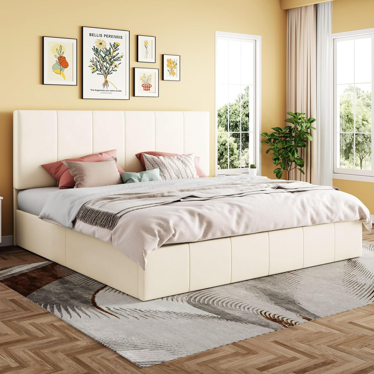 SHA CERLIN King Size Lift Up Storage Bed Frame, Adjustable Headboard, Hydraulic Support, Velvet Upholstered, Easy Installation, No Box Spring Needed, Cream