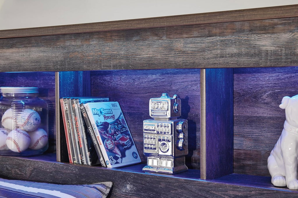 Signature Design by Ashley Drystan Rustic King Bookcase Bed with 4 Storage Drawers, Open Cubbies and LED Light, Foundation or Box Spring Not Needed, Dark Brown & Gray