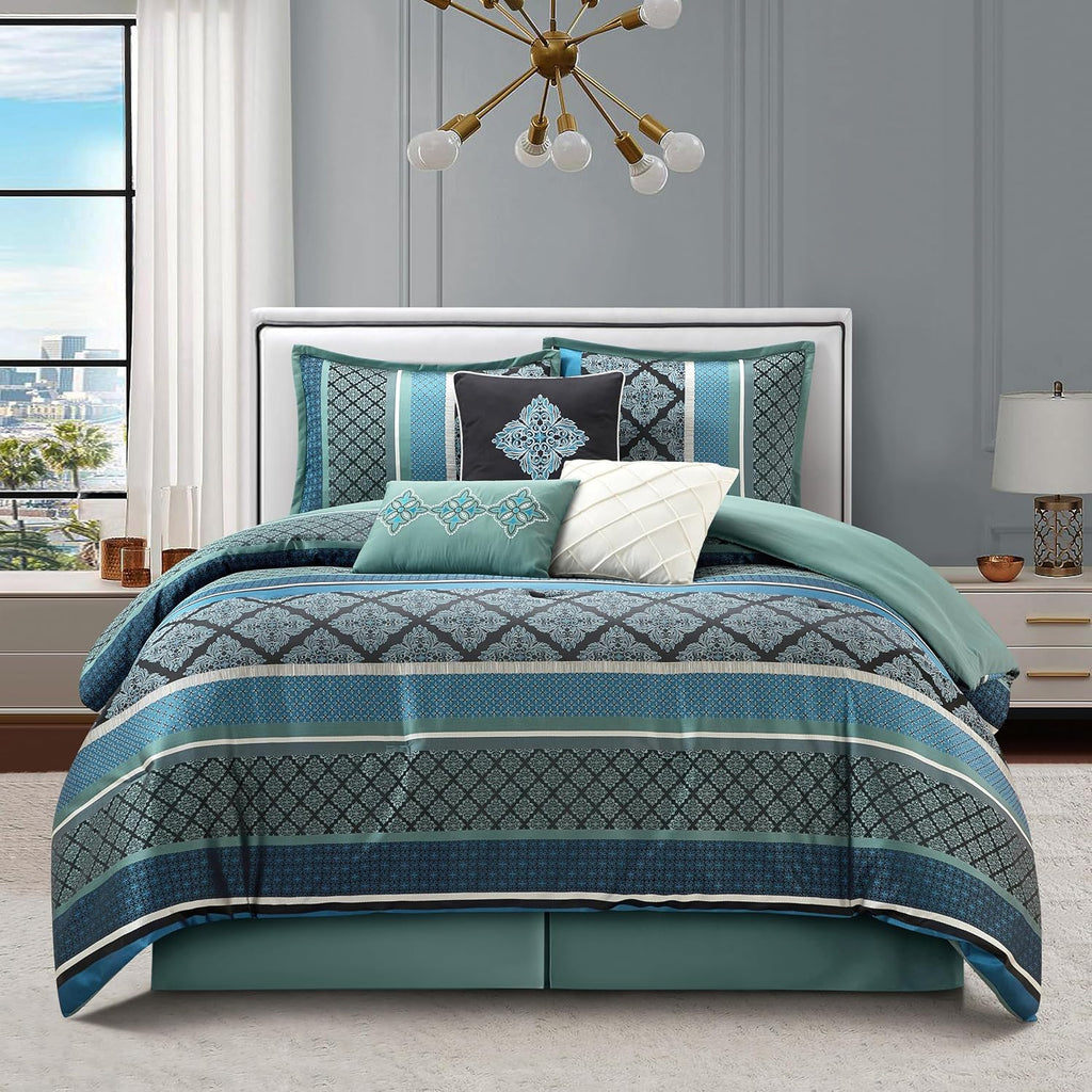 Grand Avenue Blue Geometric California King Comforter Set, 7 Piece, Jacquard All Season Premium Bedding Set, Matching Shams, Bedskirt, Decorative Pillows