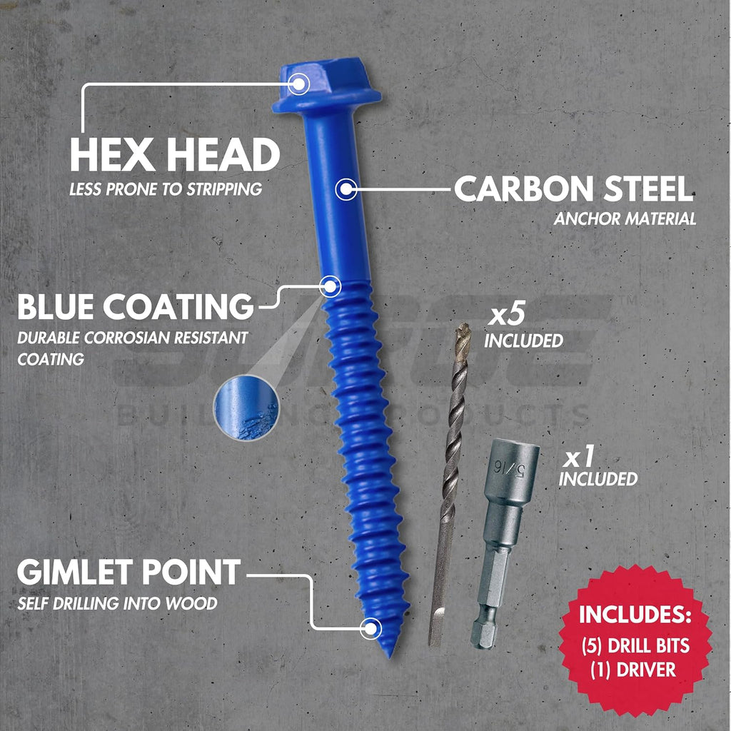 1/4' x 3-3/4' Hex Head Blue Concrete Screw Anchor with Drill Bit & Driver (Box of 500) | Masonry Screws for Concrete, Block, and Brick