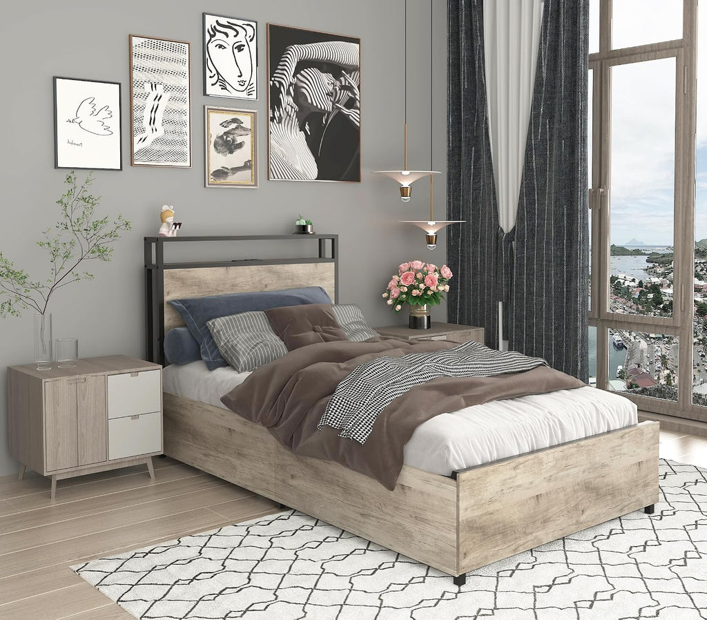 Twin Bed Frame with 4 Storage Drawers,Storage Headboard with Charging Station, Solid and Stable, Noise Free, No Box Spring Needed, Easy Assembly,Gray (Twin)