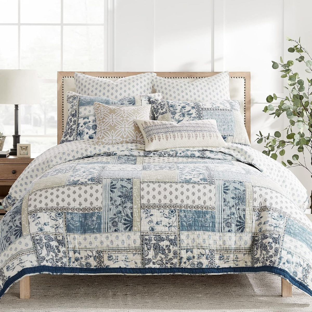 Levtex Home - Aliza Quilt Set - Full/Queen Quilt and Two Standard Shams - Printed Patchwork - Blue, Navy, Taupe and Cream - Quilt (88x92in.) and Shams (20x26in.) - Reversible - Cotton