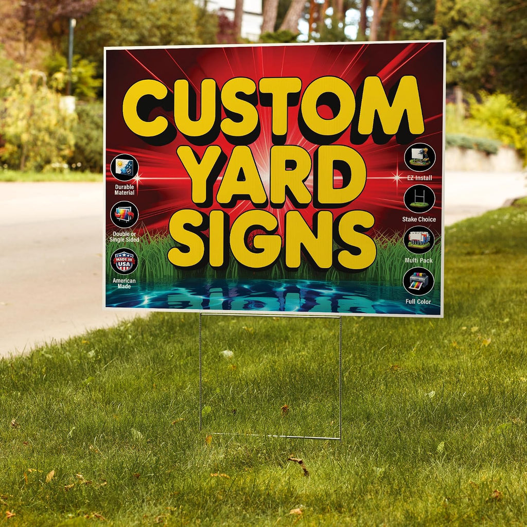50 Pack of 24x18 inch Custom Yard Signs, Double and Single Sided Print, Metal H-Stakes, Durable 4mm Coroplast, Personalized Full Color Printing (50pk)