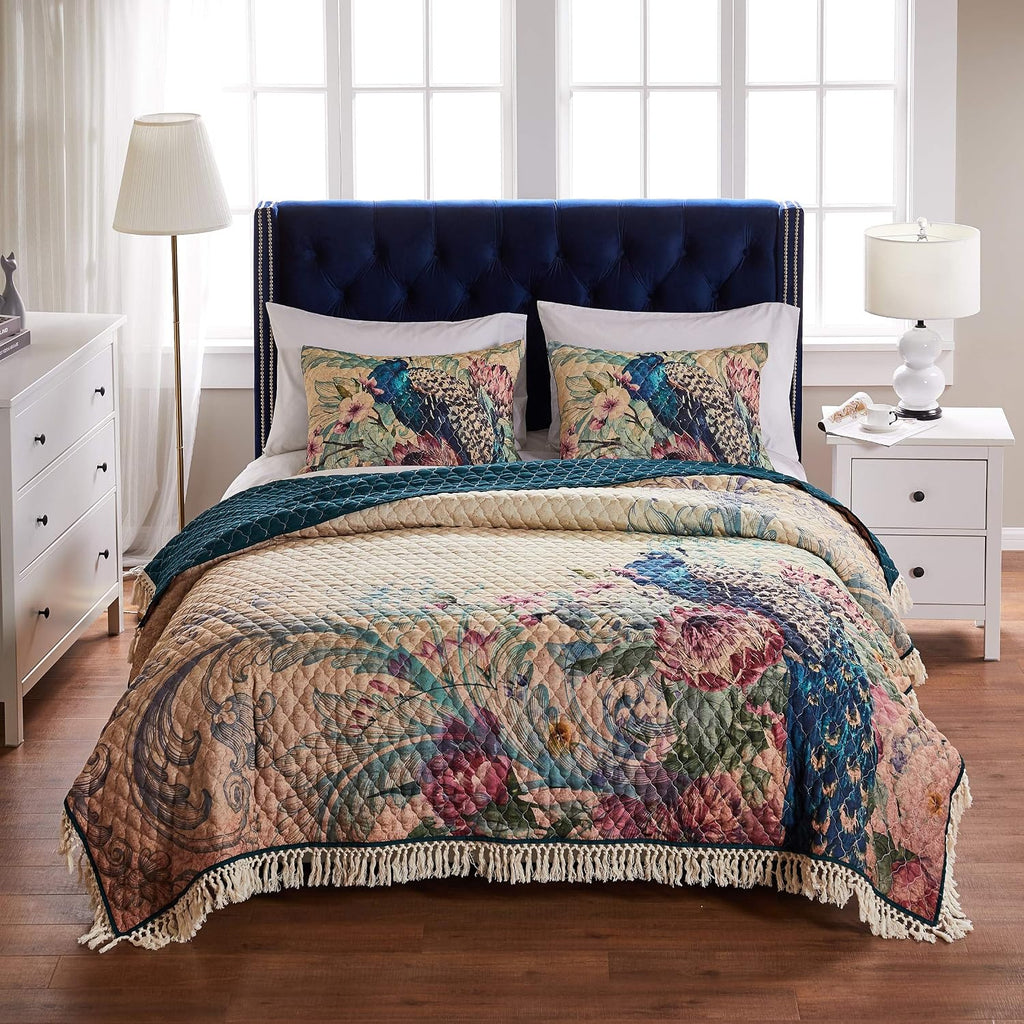 Greenland Home Fashions Ultra-Soft, Reversible, Brushed Microfiber Quilt Set, 3-Piece King/Cal King, Eden Peacock