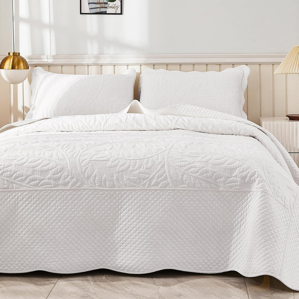 MarCielo 3-Piece 100% Cotton Oversized Bedspread Lightweight Quilt Coverlet Embroidery Farmhouse Bedding Set T0 (Bright White, Oversized King (118'x106'))