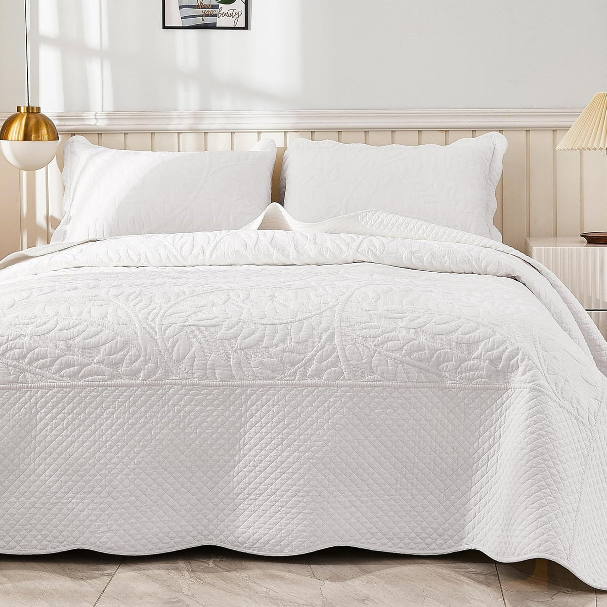 MarCielo 3-Piece 100% Cotton Oversized Bedspread Lightweight Quilt Coverlet Embroidery Farmhouse Bedding Set T0 (Bright White, Oversized King (118'x106'))