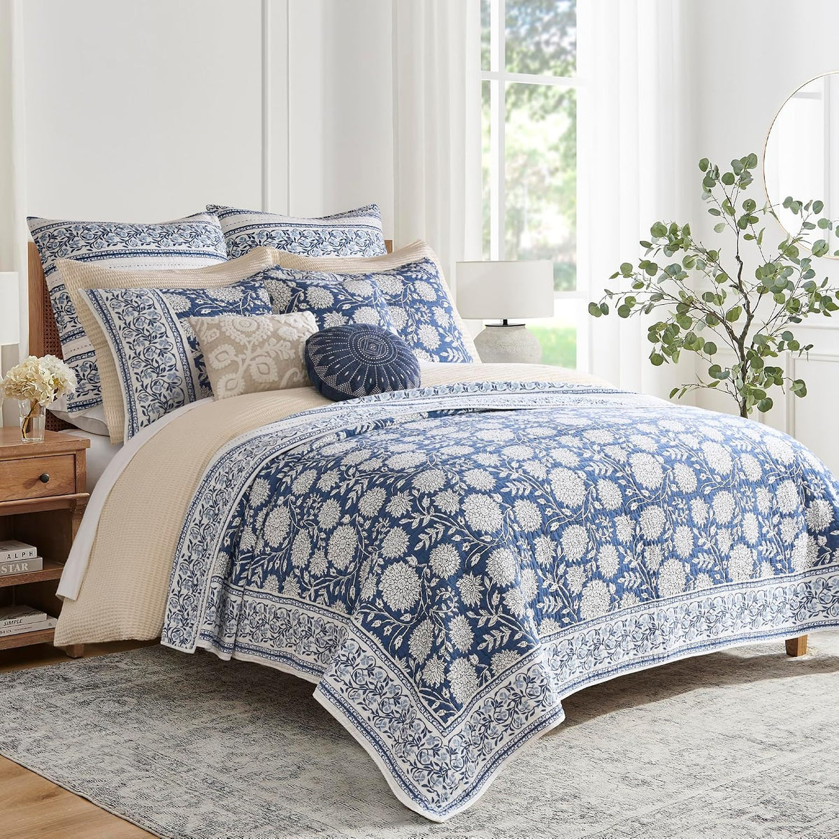 Levtex Home Adare Denim Reversible Twin/Twin XL Quilt Set (68x86in) with 1 Pillow Sham (26x20in) - Floral Bedding - Blue White - Cotton Twin Size Quilt Bedding Set - Lightweight, Soft, Pre-Washed
