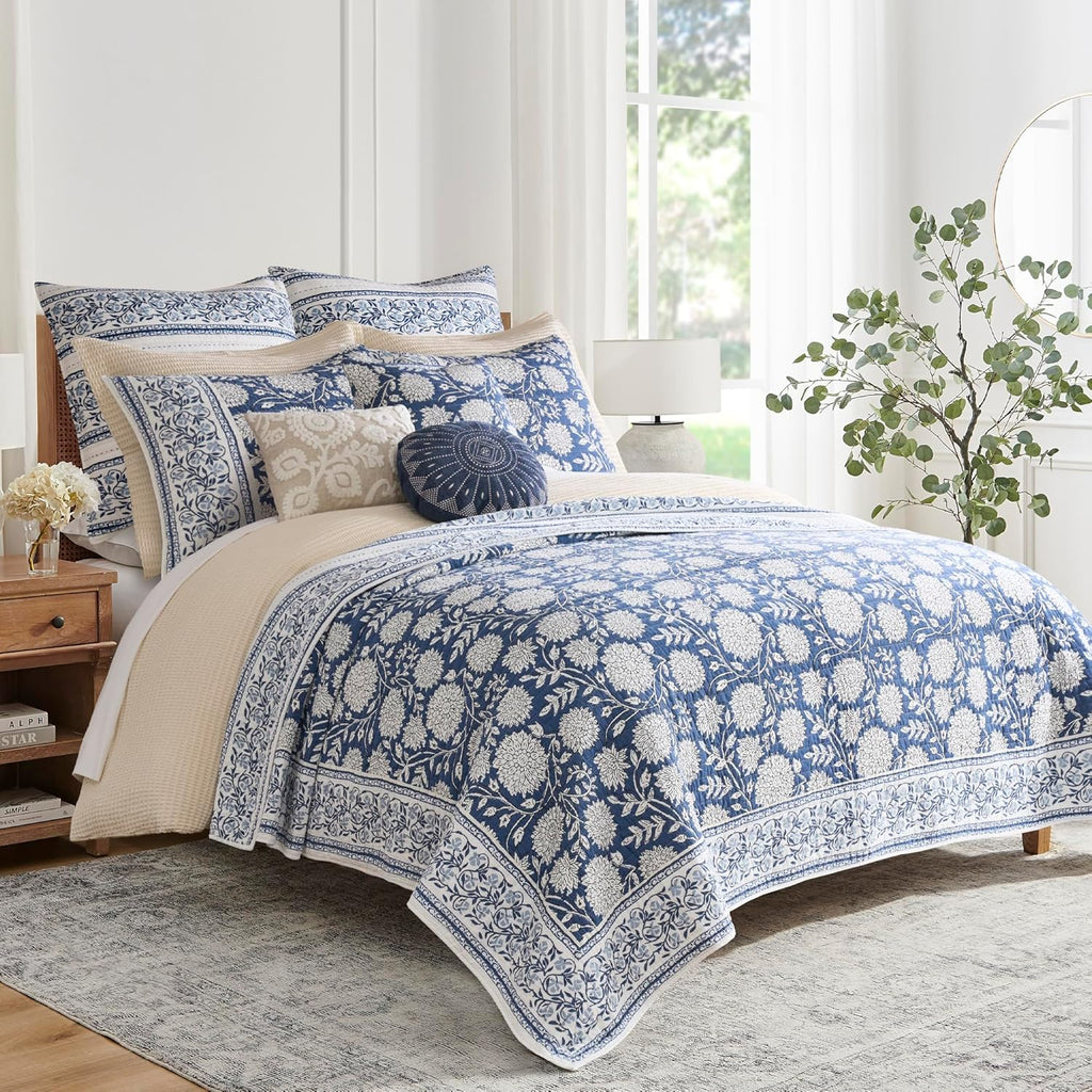 Levtex Home Adare Denim Reversible Full/Queen Quilt Set (88x92in) with 2 Pillow Shams (26x20in) - Floral Bedding - Blue White - Cotton Full/Queen Size Quilt Bedding Set - Lightweight, Soft, Pre-Washed