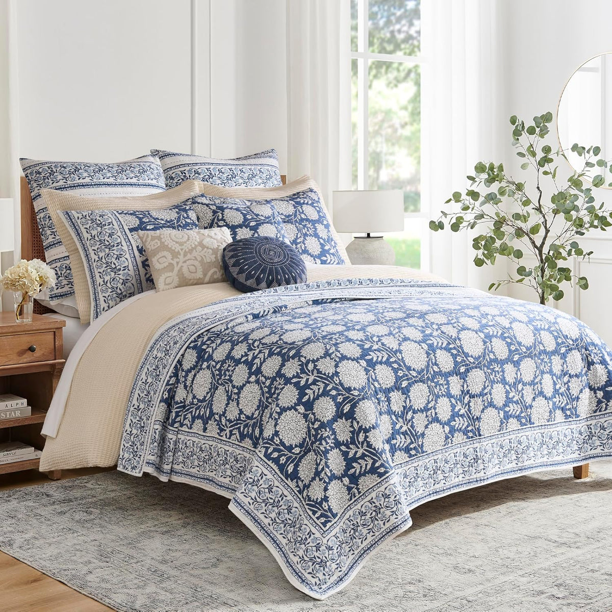 Levtex Home Adare Denim Reversible Full/Queen Quilt Set (88x92in) with 2 Pillow Shams (26x20in) - Floral Bedding - Blue White - Cotton Full/Queen Size Quilt Bedding Set - Lightweight, Soft, Pre-Washed