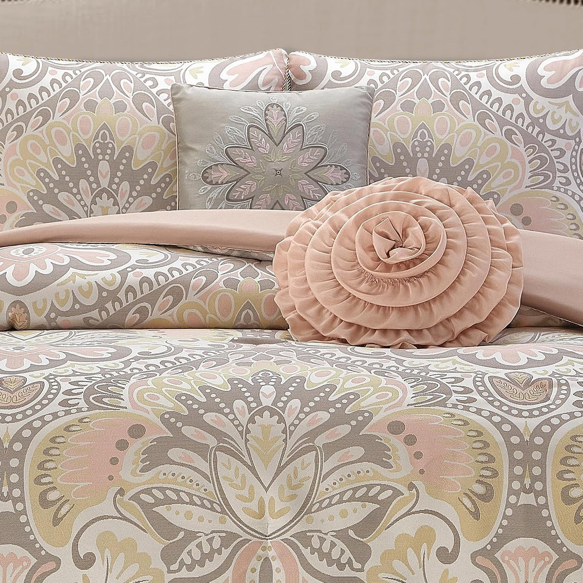 LANCO MODERN LIFESTYLE Blush 6 Piece Comforter Set, Queen, Elegant Floral Jacquard, Ultra Soft Bed Set for All Seasons, Bed in a Bag, Include Comforter, Bed Skirt, Pillow Shams & Decor Pillows