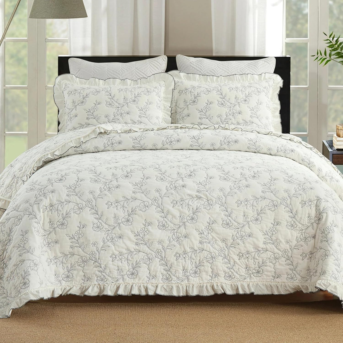 MarCielo 3-Piece 100% Cotton Bedspread Lightweight Quilt Coverlet Embroidery Farmhouse Bedding Set (Floral,Queen (98' X 90'))