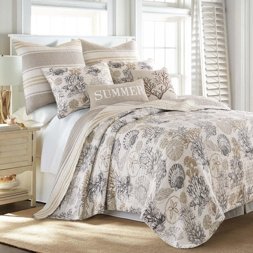 Levtex Home - Caspian Sea Neutral Quilt Set - Full/Queen Quilt (88x92in.) + Two Standard Pillow Shams (26x20in.) - Coastal - Taupe, Cream, Grey - Reversible - Cotton Fabric
