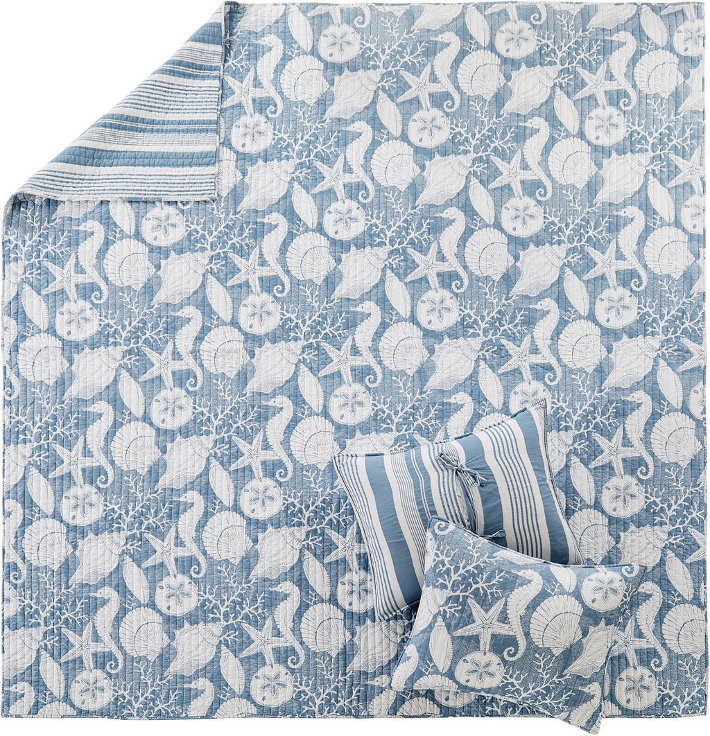 Levtex Home - Stillwater Denim Quilt Set - King Quilt and Two King Shams - Coastal - Denim Blue and White - Quilt (106x92in.) and Shams (20x36in.) - Reversible - Cotton