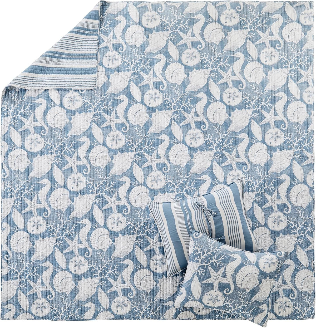 Levtex Home - Stillwater Denim Quilt Set - King Quilt and Two King Shams - Coastal - Denim Blue and White - Quilt (106x92in.) and Shams (20x36in.) - Reversible - Cotton