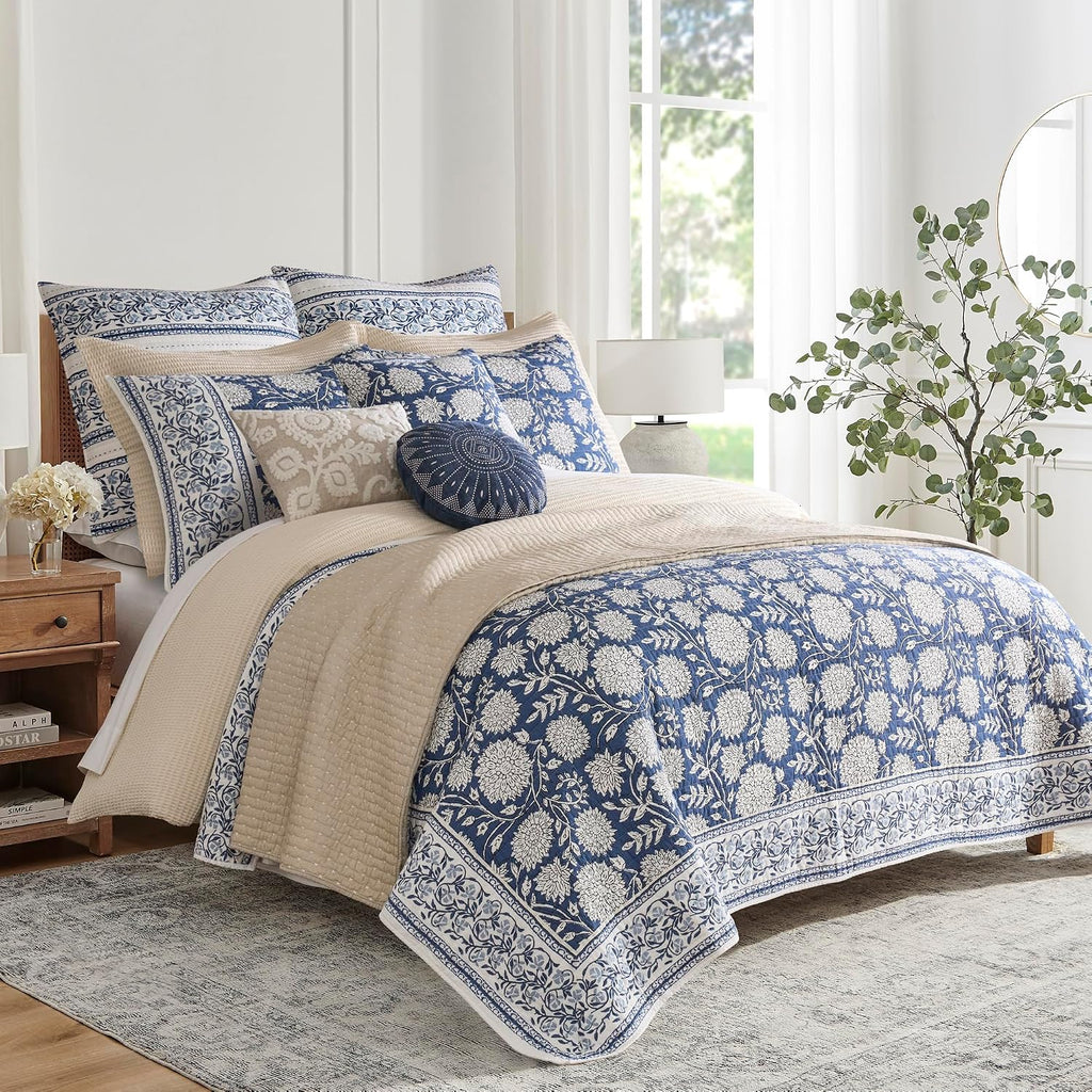 Levtex Home Adare Denim Reversible Full/Queen Quilt Set (88x92in) with 2 Pillow Shams (26x20in) - Floral Bedding - Blue White - Cotton Full/Queen Size Quilt Bedding Set - Lightweight, Soft, Pre-Washed