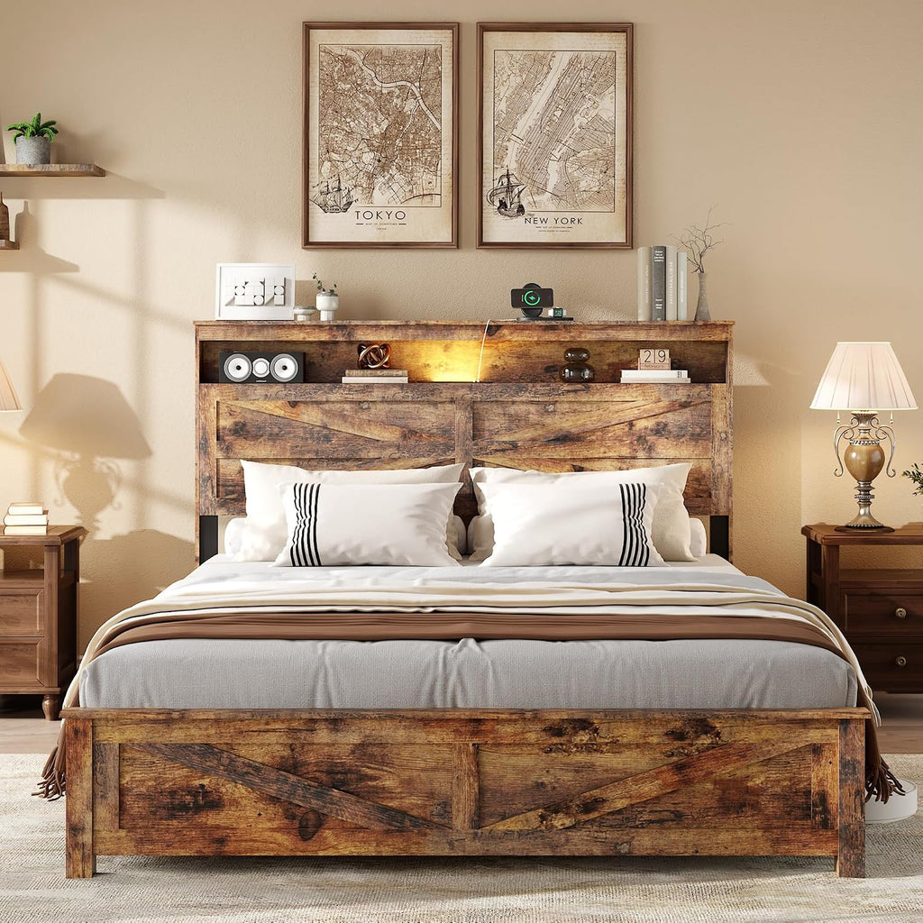Farmhouse Queen Size Bed Frame with Storage Headboard, Wooden Platform Bed Frame with LED Lights & Charging Station, Rustic Brown Metal Bed, No Box Spring Needed, Noise-Free Sturdy Structure