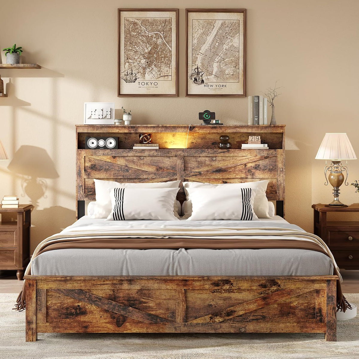 Farmhouse Queen Size Bed Frame with Storage Headboard, Wooden Platform Bed Frame with LED Lights & Charging Station, Rustic Brown Metal Bed, No Box Spring Needed, Noise-Free Sturdy Structure