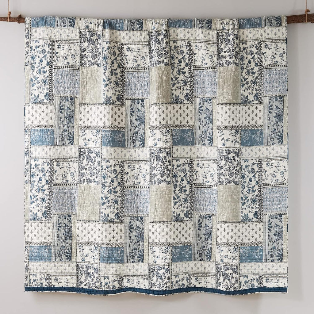 Levtex Home - Aliza Quilt Set - Full/Queen Quilt and Two Standard Shams - Printed Patchwork - Blue, Navy, Taupe and Cream - Quilt (88x92in.) and Shams (20x26in.) - Reversible - Cotton