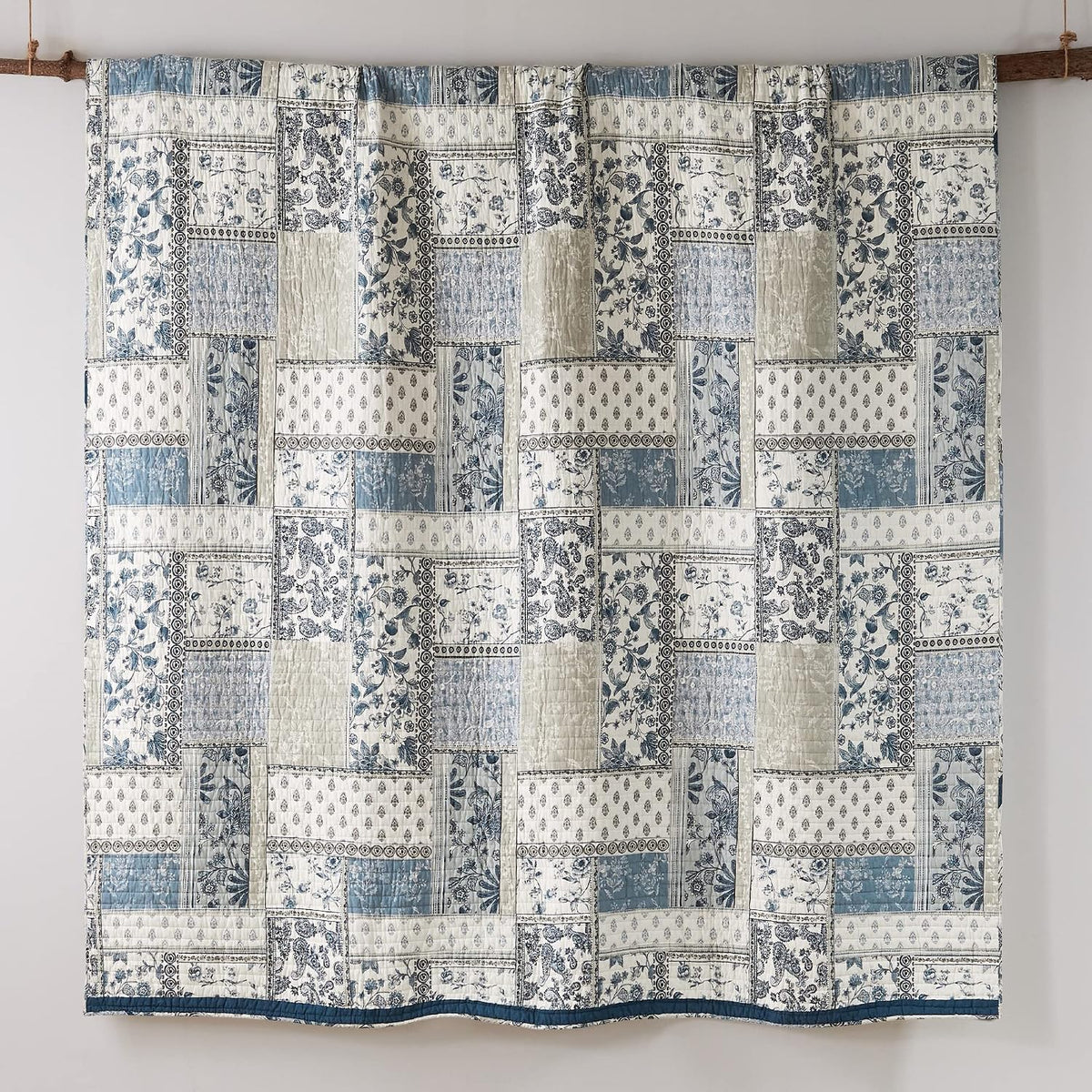 Levtex Home - Aliza Quilt Set - Full/Queen Quilt and Two Standard Shams - Printed Patchwork - Blue, Navy, Taupe and Cream - Quilt (88x92in.) and Shams (20x26in.) - Reversible - Cotton
