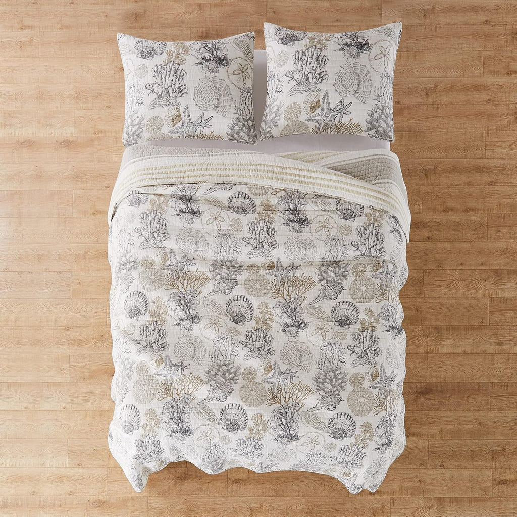 Levtex Home - Caspian Sea Neutral Quilt Set - King/Cal King Quilt (106x92in.) + Two King Pillow Shams (36x20in.) - Coastal - Taupe, Cream, Grey - Reversible - Cotton Fabric