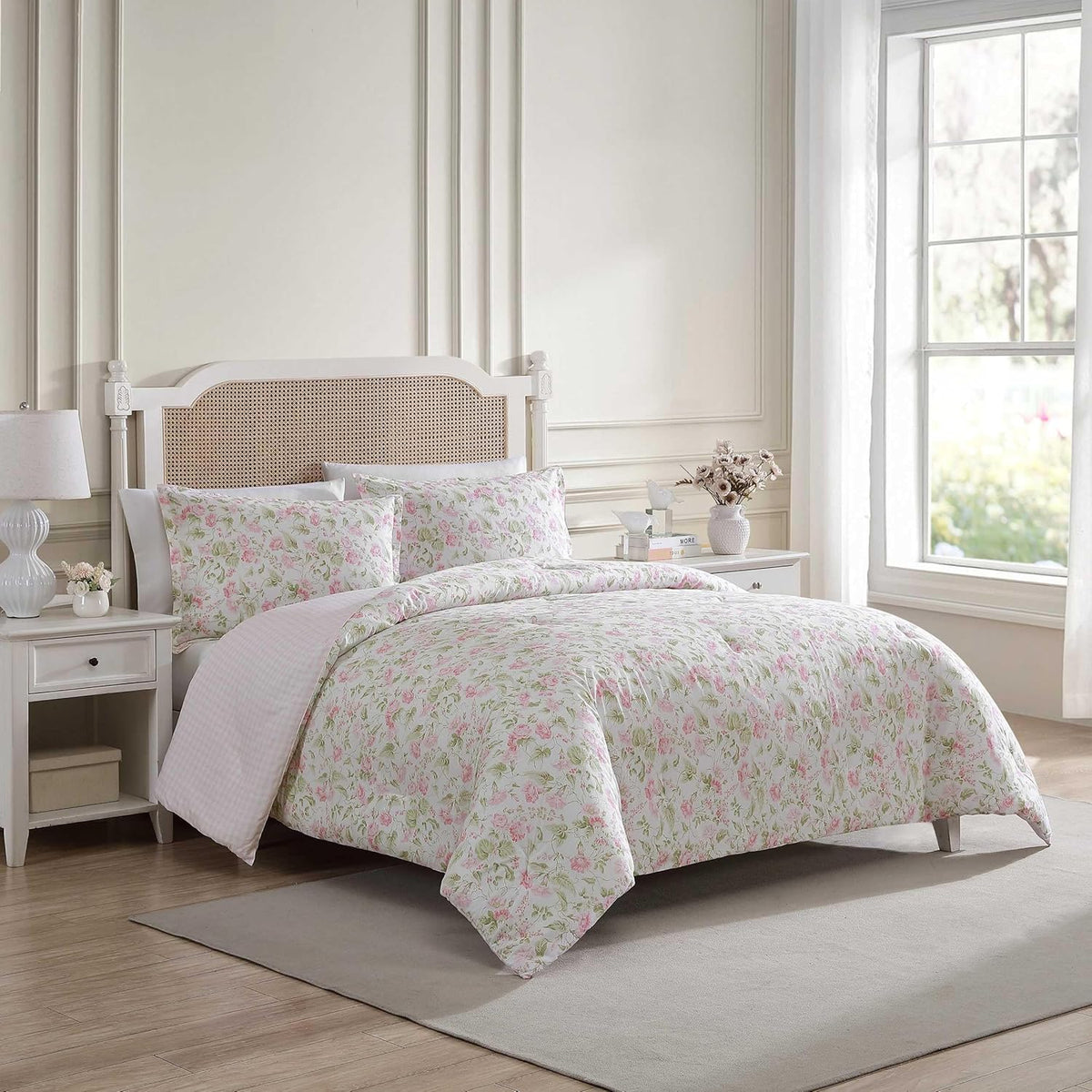 Laura Ashley – Queen Comforter Set, Soft Bedding with Matching Shams, Textured Floral Room Decor, College Dorm Room Essentials (Morning Gloria Pink)