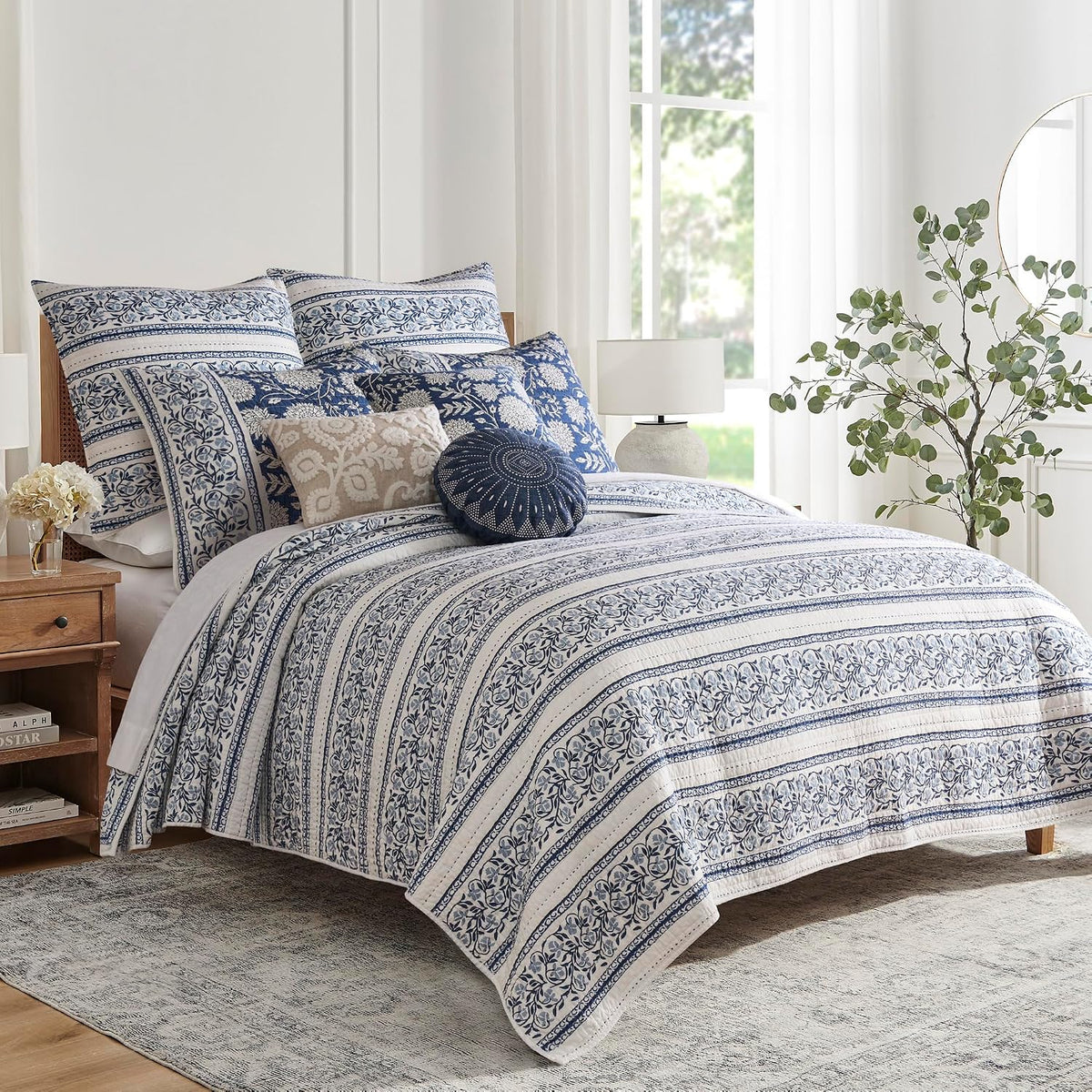 Levtex Home Adare Denim Reversible Full/Queen Quilt Set (88x92in) with 2 Pillow Shams (26x20in) - Floral Bedding - Blue White - Cotton Full/Queen Size Quilt Bedding Set - Lightweight, Soft, Pre-Washed