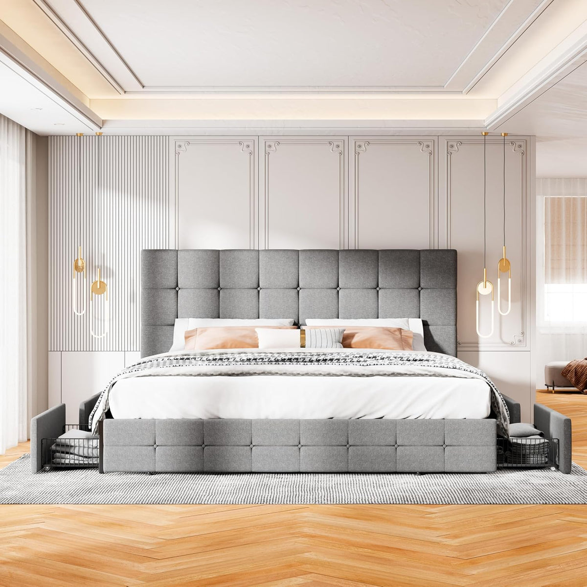 MUTICOR King Size Bed Frame with 4 Storage Drawers, Upholstered Platform Bed with Button Tufted Adjustable Headboard, No Box Spring Needed, Easy Assembly, Square Tufted, Light Grey Fabric