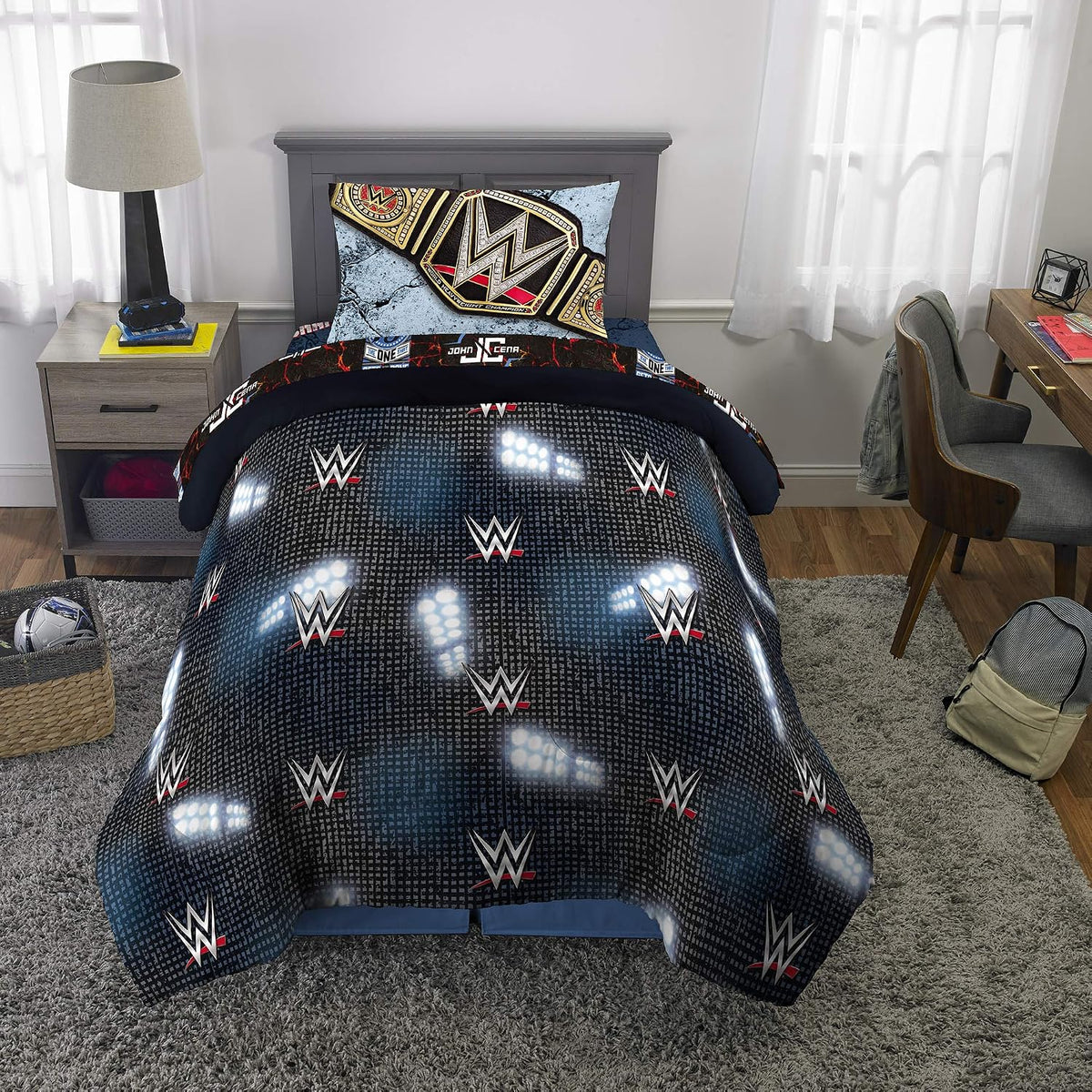 WWE Kids Bedding Comforter and Sheet Set, 4 Piece Twin Size, by WWE, Black/Multicolor