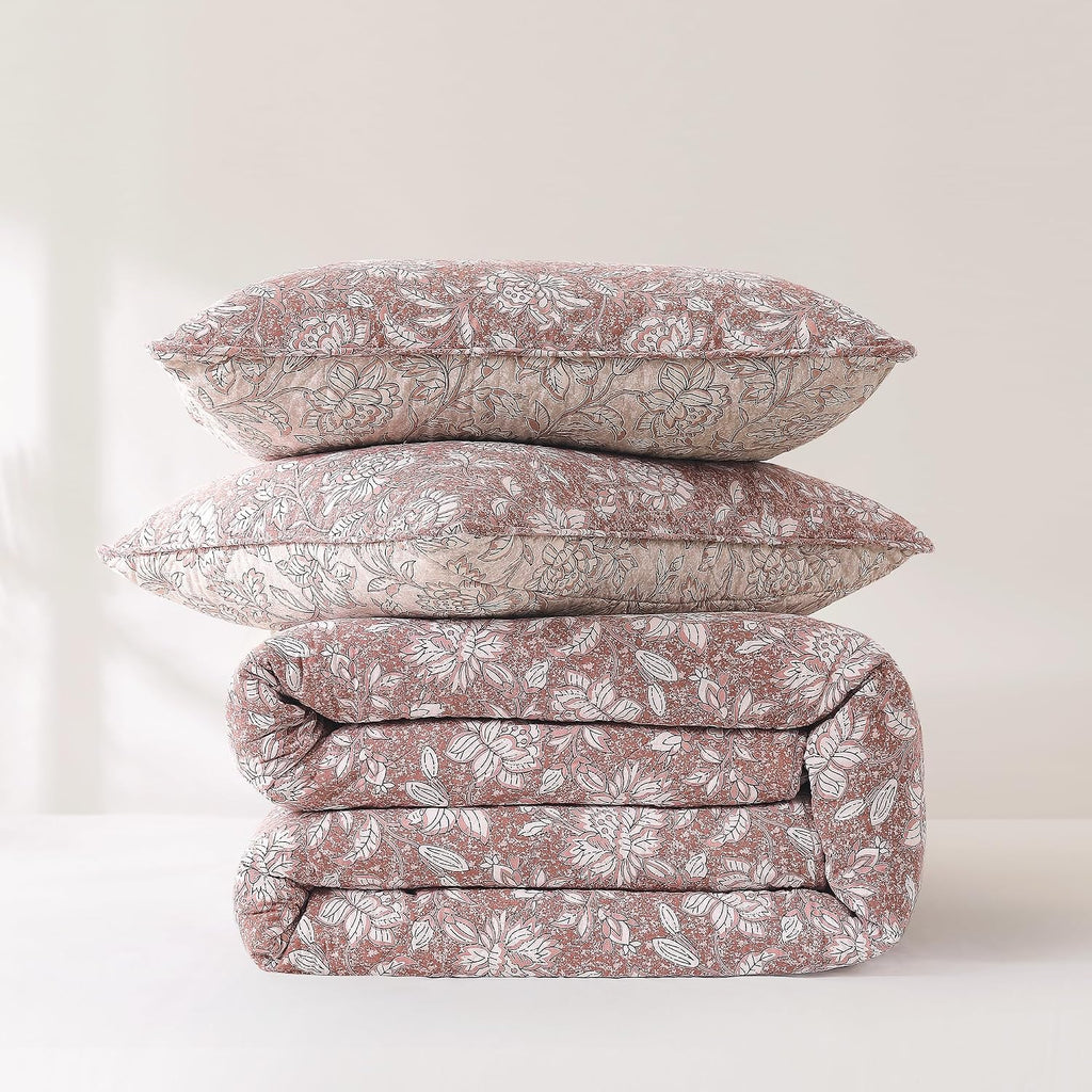 Lush Decor Zara Floral Block Reversible Cotton Quilt 3 Piece Set King/Cal King Terracotta - Floral Bedding Set - Block Print Quilt - Vintage Coquette Decor