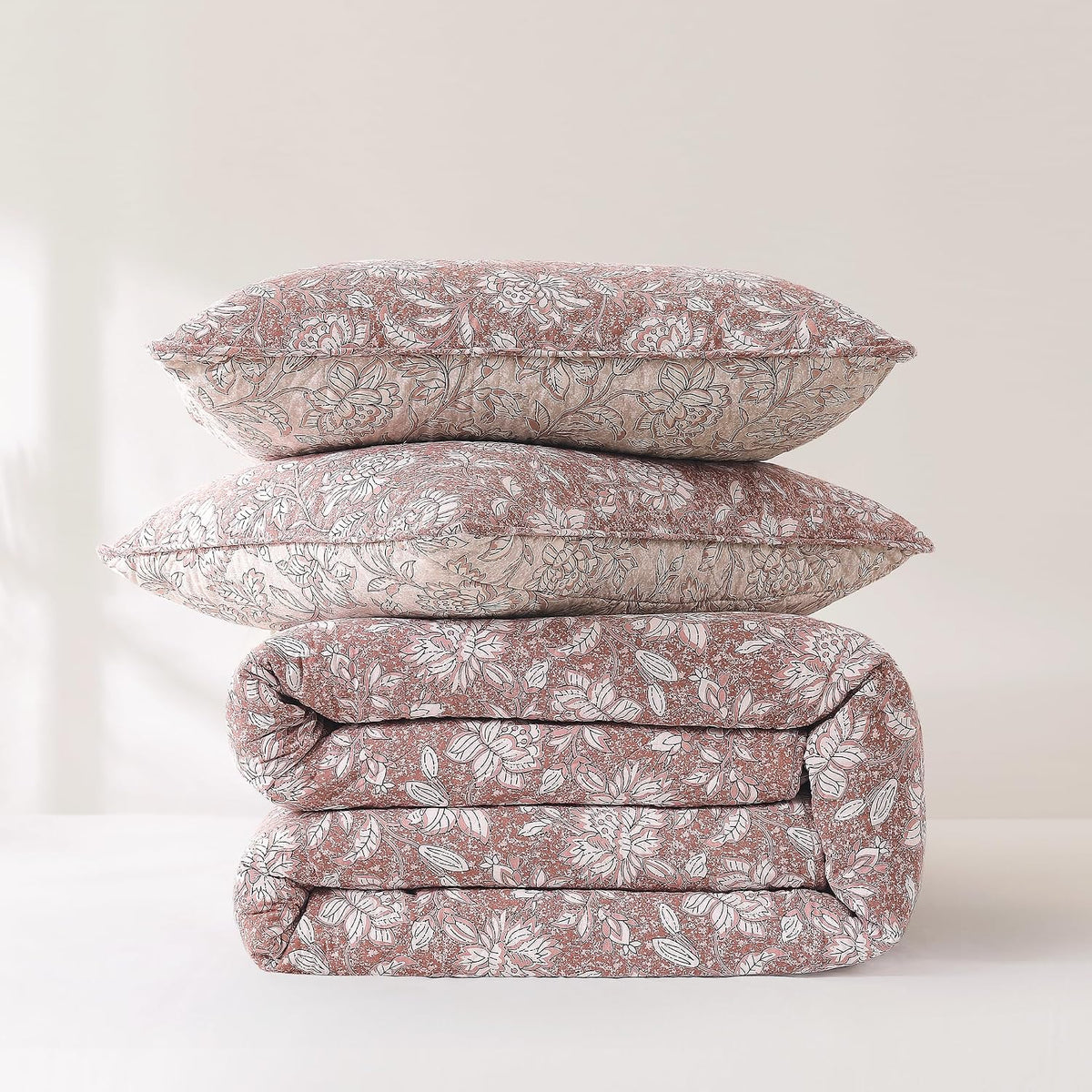 Lush Decor Zara Floral Block Reversible Cotton Quilt 3 Piece Set King/Cal King Terracotta - Floral Bedding Set - Block Print Quilt - Vintage Coquette Decor