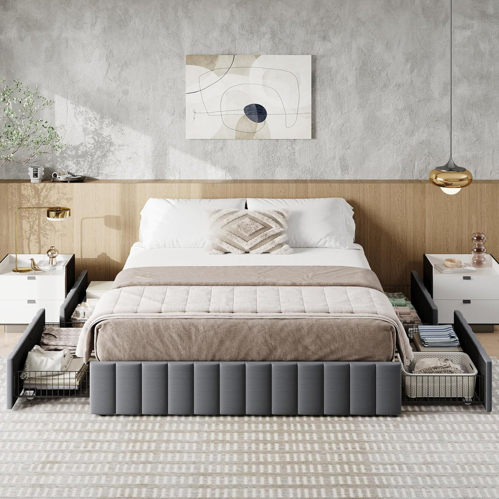 Allewie Full Size Platform Bed Frame with 4 Large Storage Drawers, Velvet Vertical Channel Tufted Upholstered Bed Base, Wooden Slats Support, Noise-Free, No Box Spring Needed, Easy Assembly, Grey