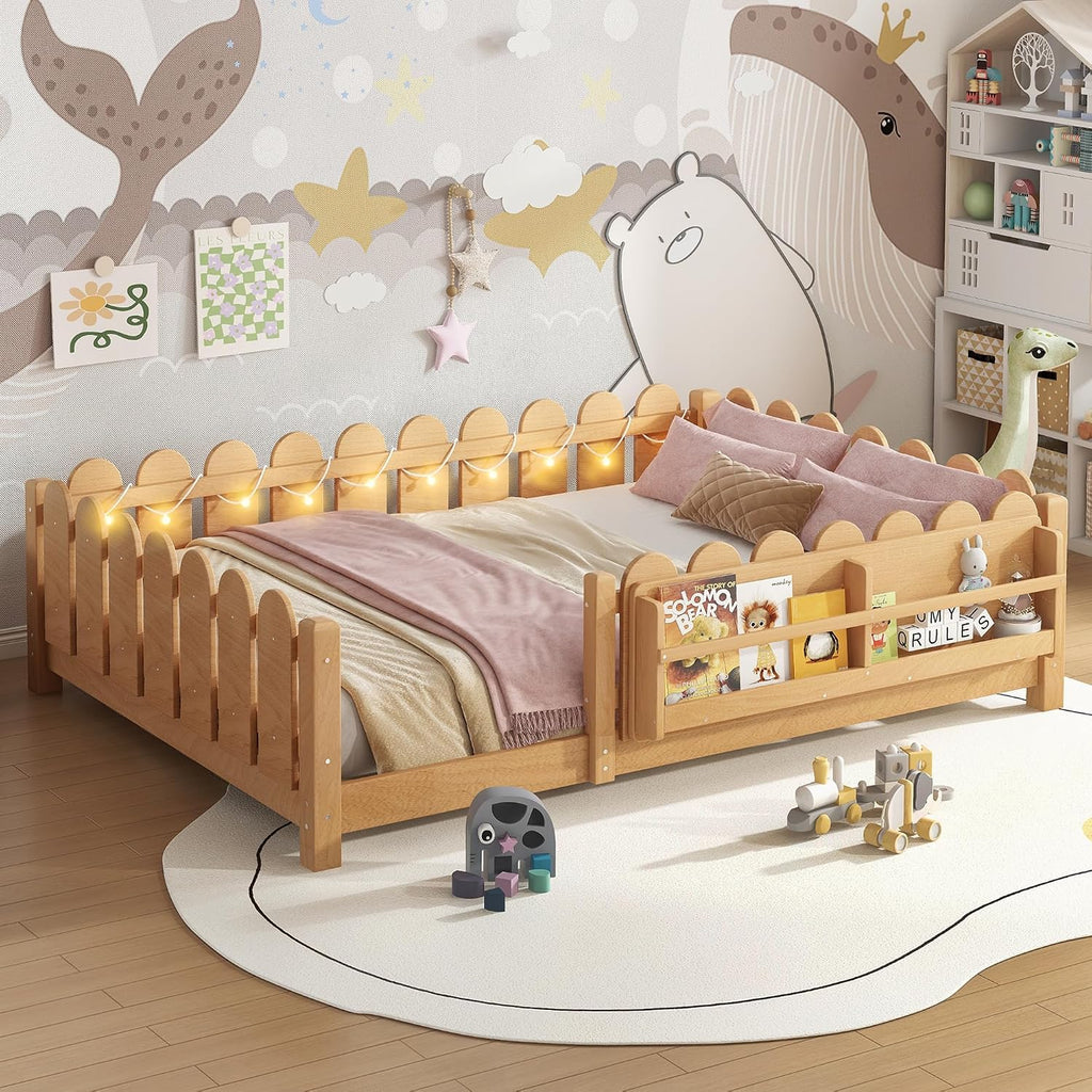 Bellemave Full Size Floor Bed with Rails and Slats, Full Size Montessori Floor Bed with Bookshelf, Fence and Lights, Low Profile Montessori Beds Frame for Girls, Boys, Light Natural