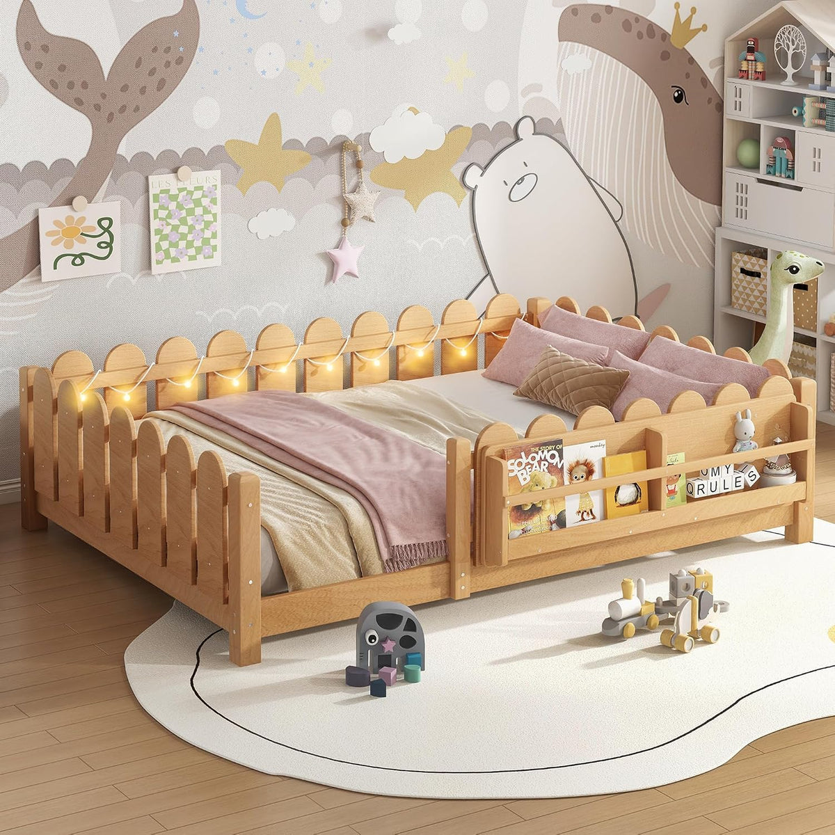 Bellemave Full Size Floor Bed with Rails and Slats, Full Size Montessori Floor Bed with Bookshelf, Fence and Lights, Low Profile Montessori Beds Frame for Girls, Boys, Light Natural